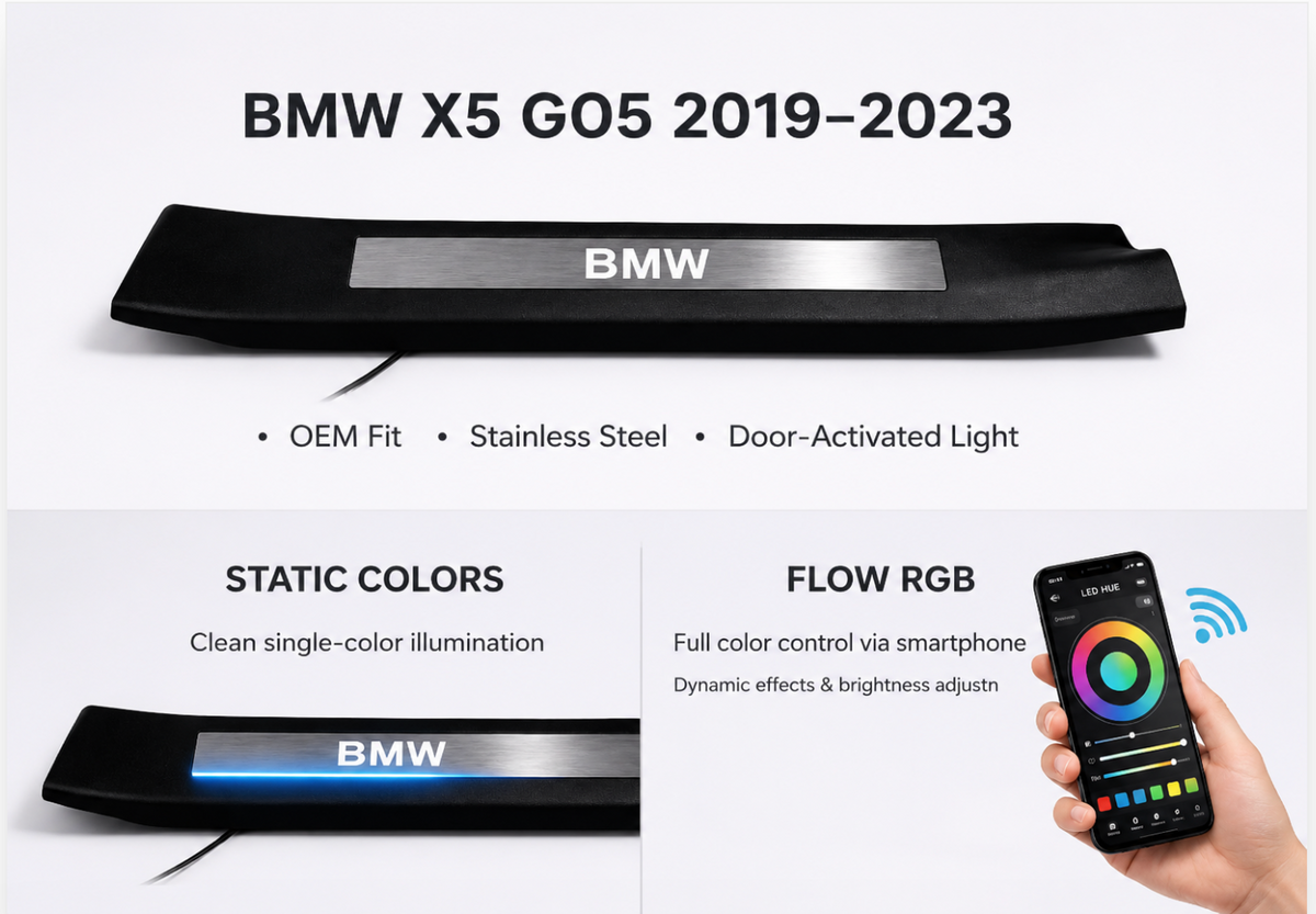 BMW X5 G05 door sill infographic showing a molded trim insert, static illumination and smartphone color control.