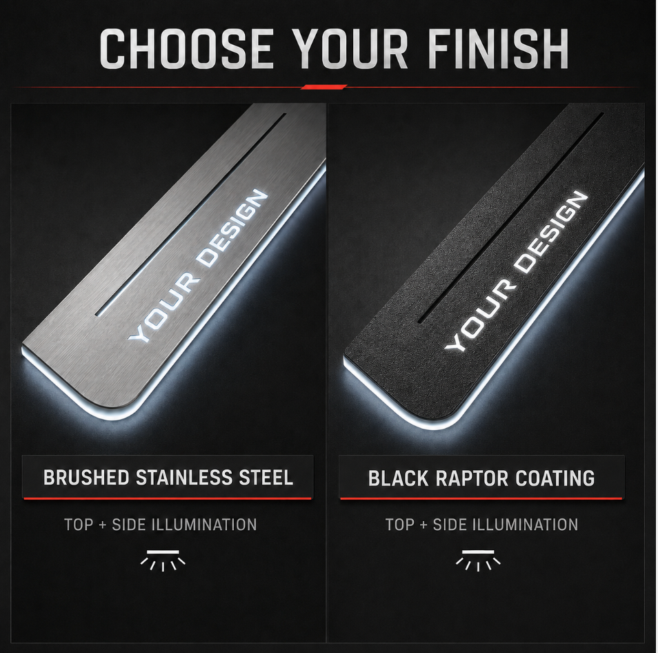 Brushed stainless steel and Black Raptor door sill surface options