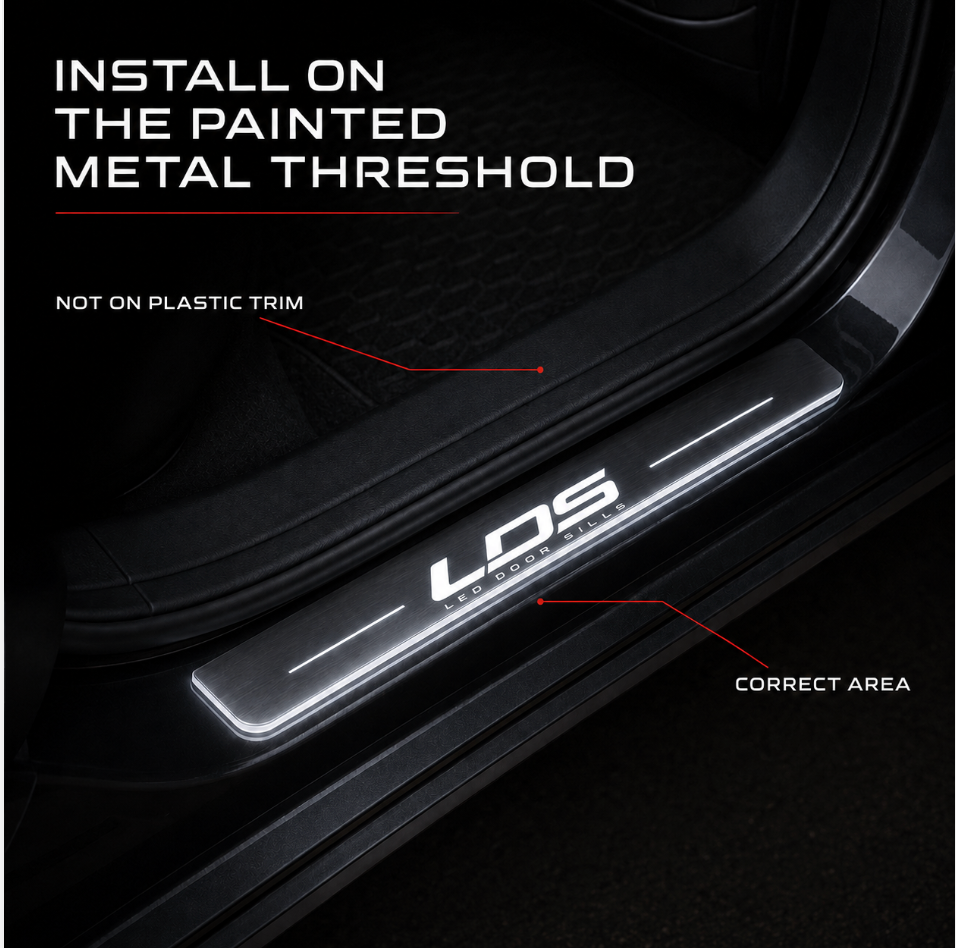 LED Door Sills logo installed on a vehicle threshold