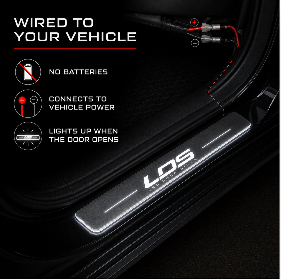 Wired LED door sill connected to vehicle power with door activation