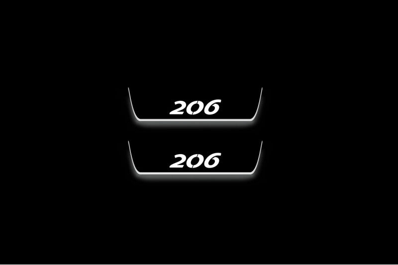Two short door sill plates with 206 lettering and edges illuminated in white, straight-on view on a dark background.