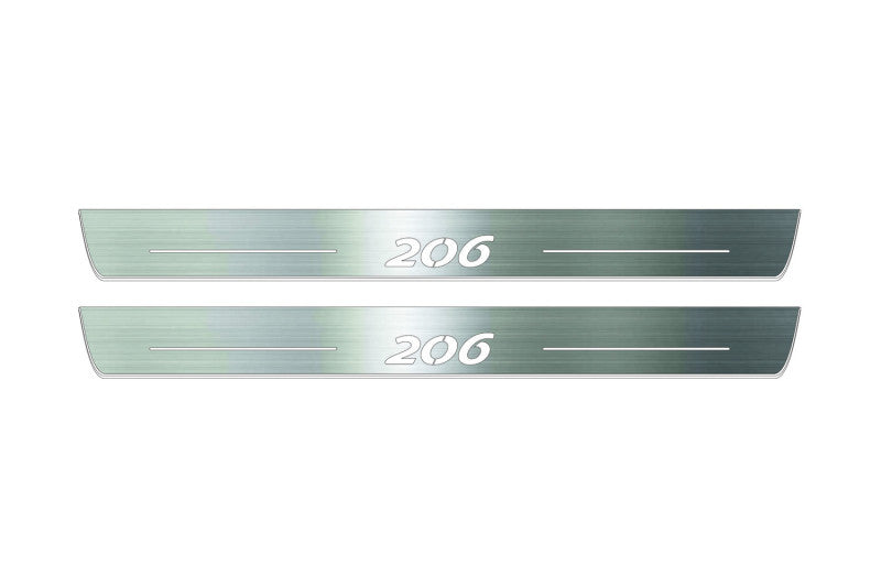 Two long silver-finished door sill plates with 206 lettering on a light background, straight-on view.