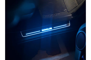 Illuminated LED Door Sill Tread Plates Nissan Rogue II 2014-2020 With Rogue Logo Nissan Led Door Sills opdesign