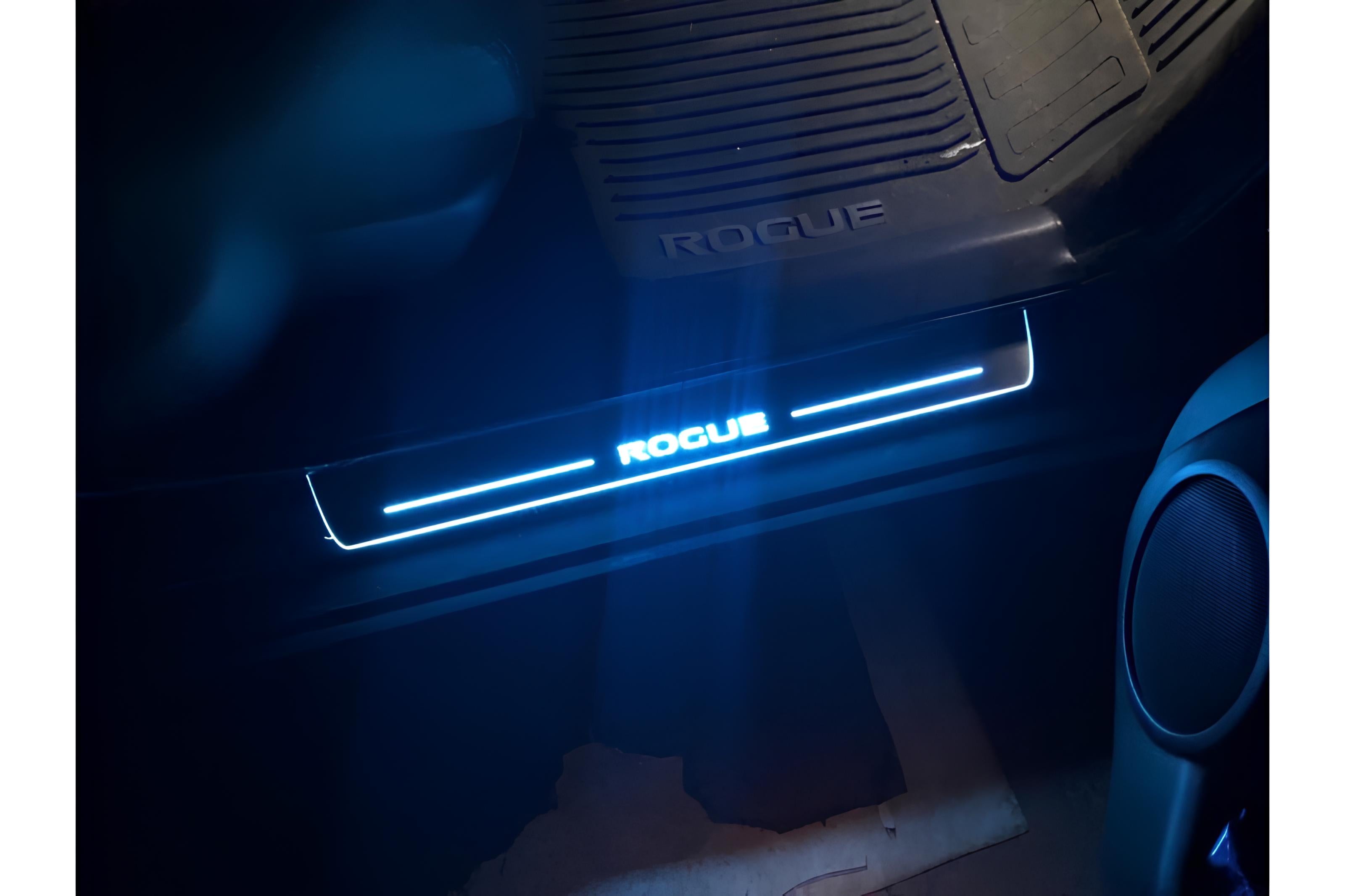 Illuminated LED Door Sill Tread Plates Nissan Rogue II 2014-2020 With Rogue Logo Nissan Led Door Sills opdesign