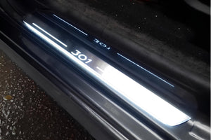 Illuminated LED Door Sill Tread Plates Peugeot 301 2012+ With 301 Logo Peugeot Led Door Sills opdesign