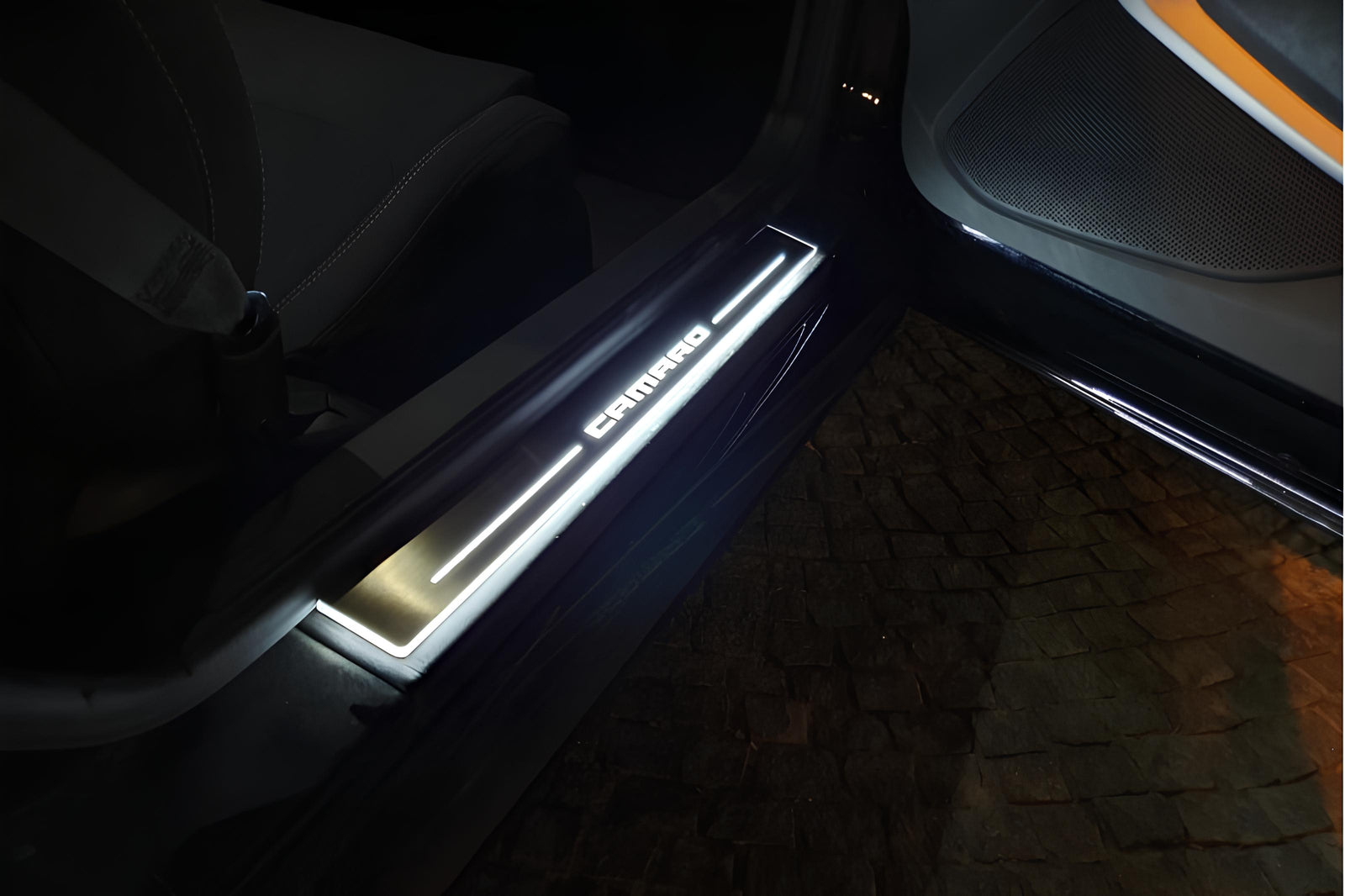 Chevrolet Camaro VI 2016+ stainless steel LED door sill plates with Camaro logo