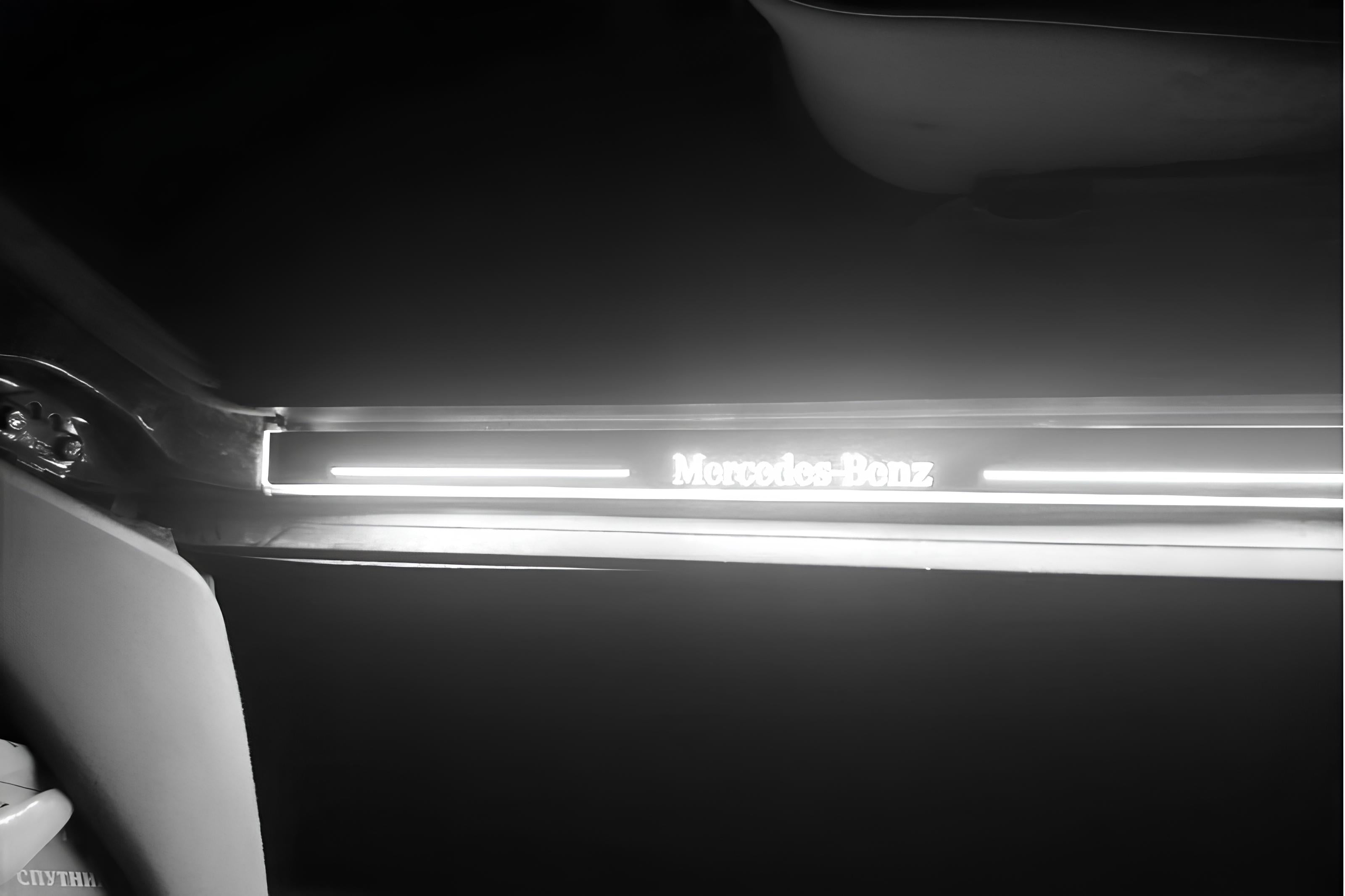 Illuminated LED Door Sill Tread Plates Mercedes E W124 1985-1996 With Mercedes-Benz Logo Mercedes Led Door Sills opdesign
