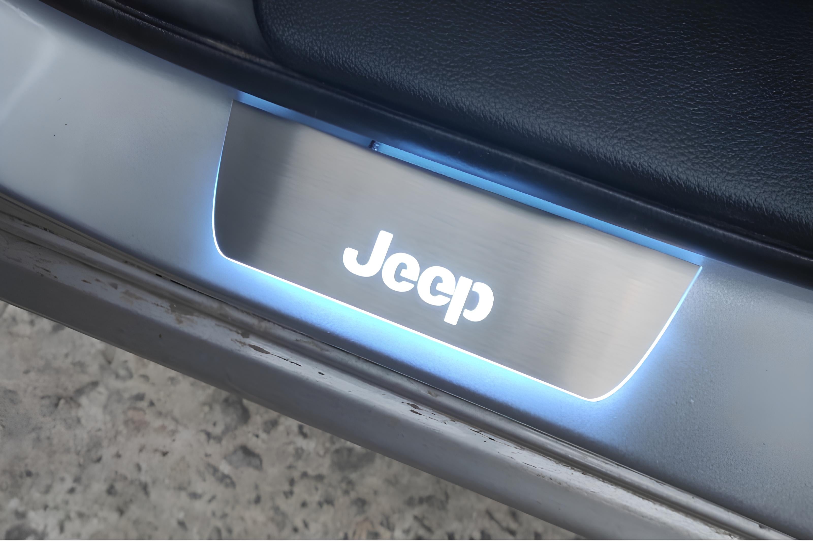 Illuminated LED Door Sill Tread Plates Jeep Grand Cherokee IV 2010-2021 With Jeep Logo Jeep Led Door Sills opdesign