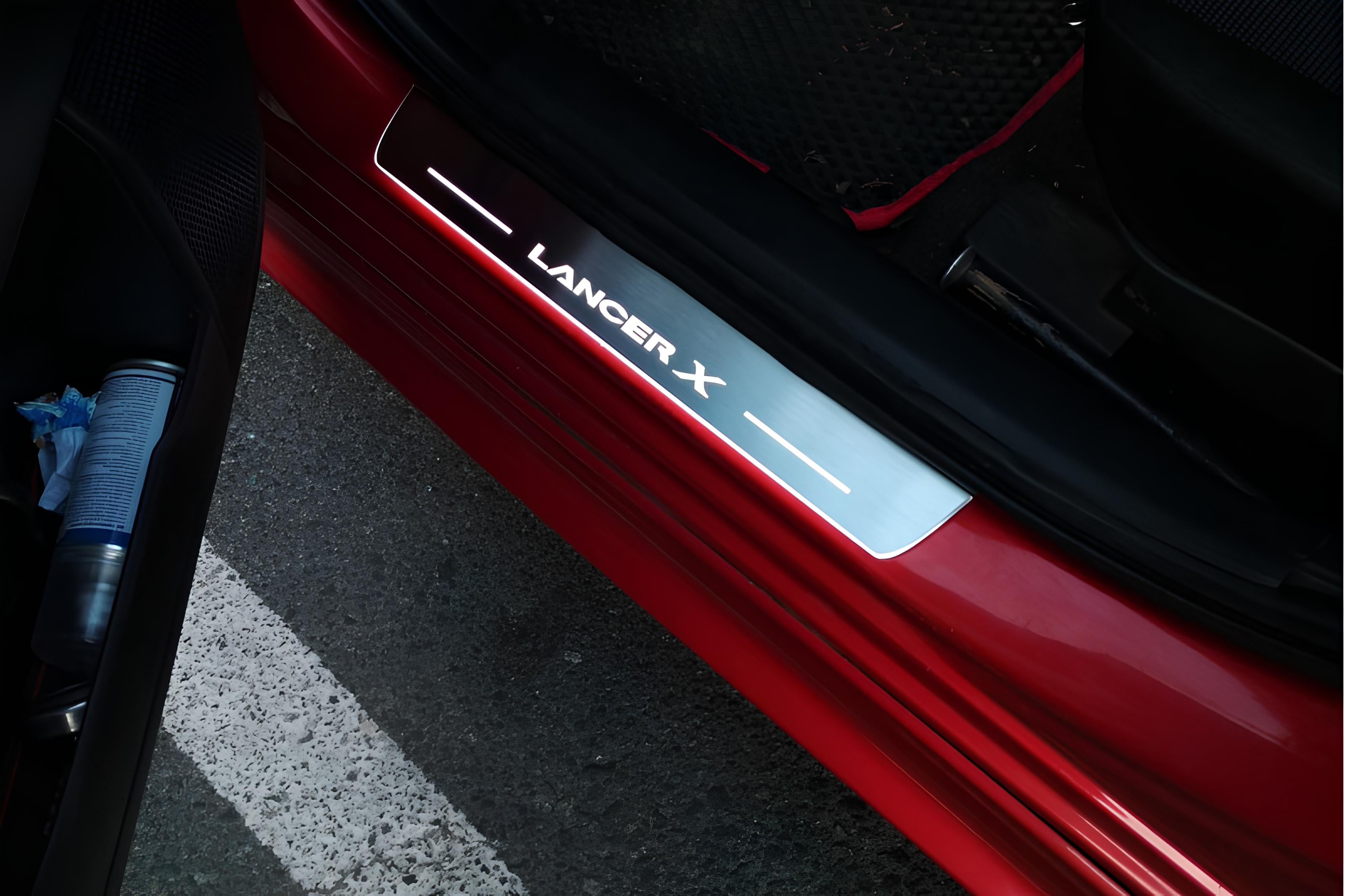 Illuminated LED Door Sill Tread Plates Mitsubishi Lancer X 2007-2017 With Lancer X Logo Mitsubishi Led Door Sills opdesign