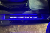 LED door sill plates Ford Mustang VII S650 2023+ stainless steel with Mustang Dark Horse logo