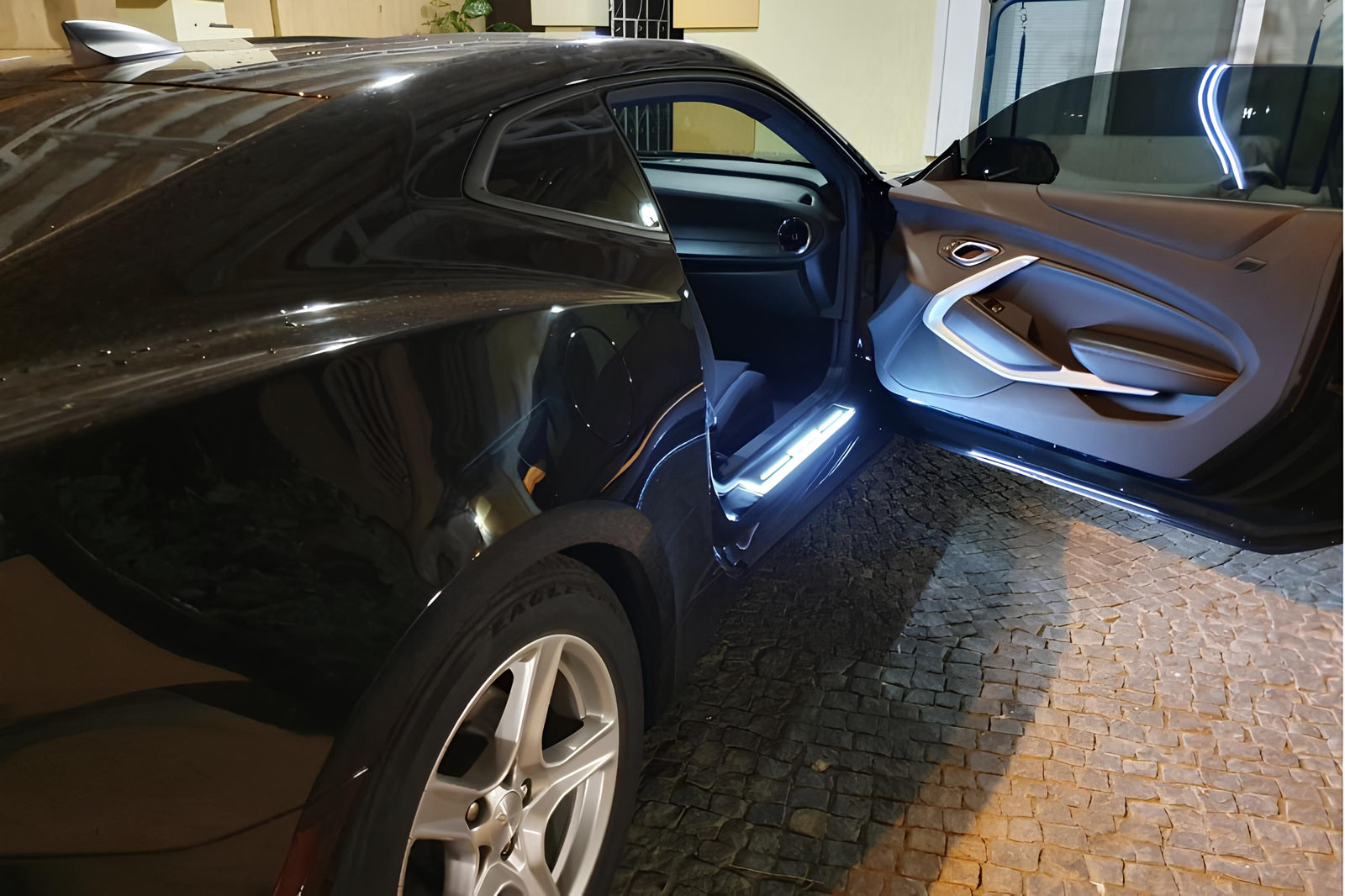 Chevrolet Camaro VI 2016+ stainless steel LED door sill plates with Camaro logo