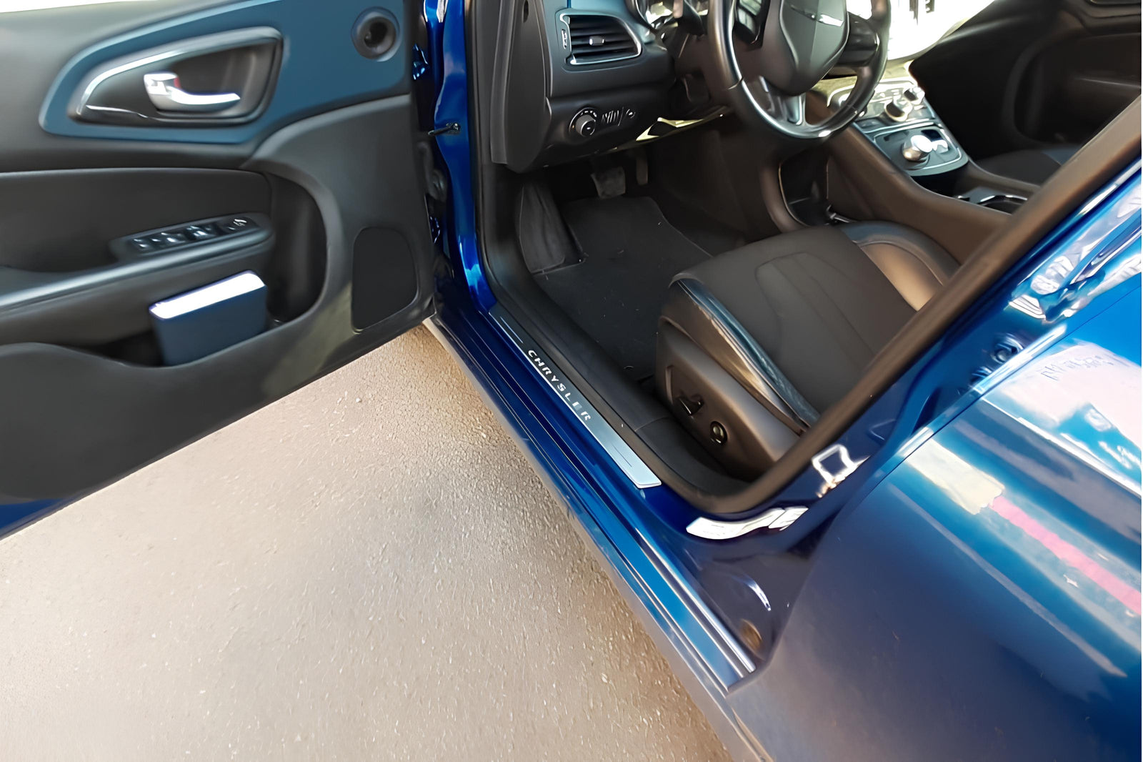 Chrysler 200 II 2015+ stainless steel LED door sill plates with Chrysler logo