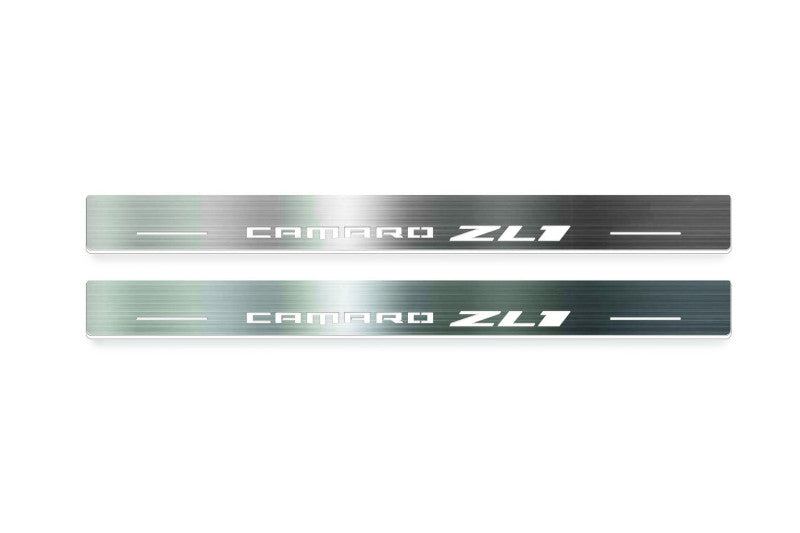 Chevrolet Camaro VI 2016+ illuminated entry guards in stainless steel with Camaro ZL1 logo