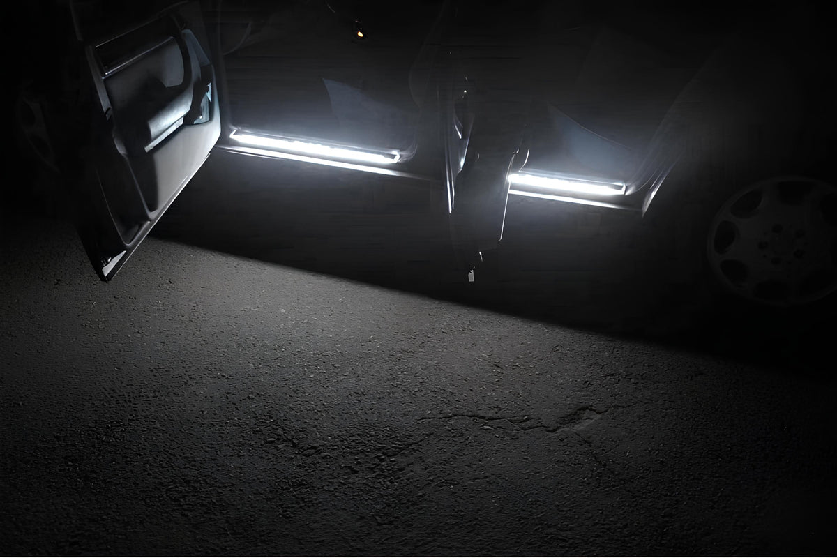 Mercedes E W210 W210 1995+ stainless steel LED door sill plates with Mercedes-Benz logo
