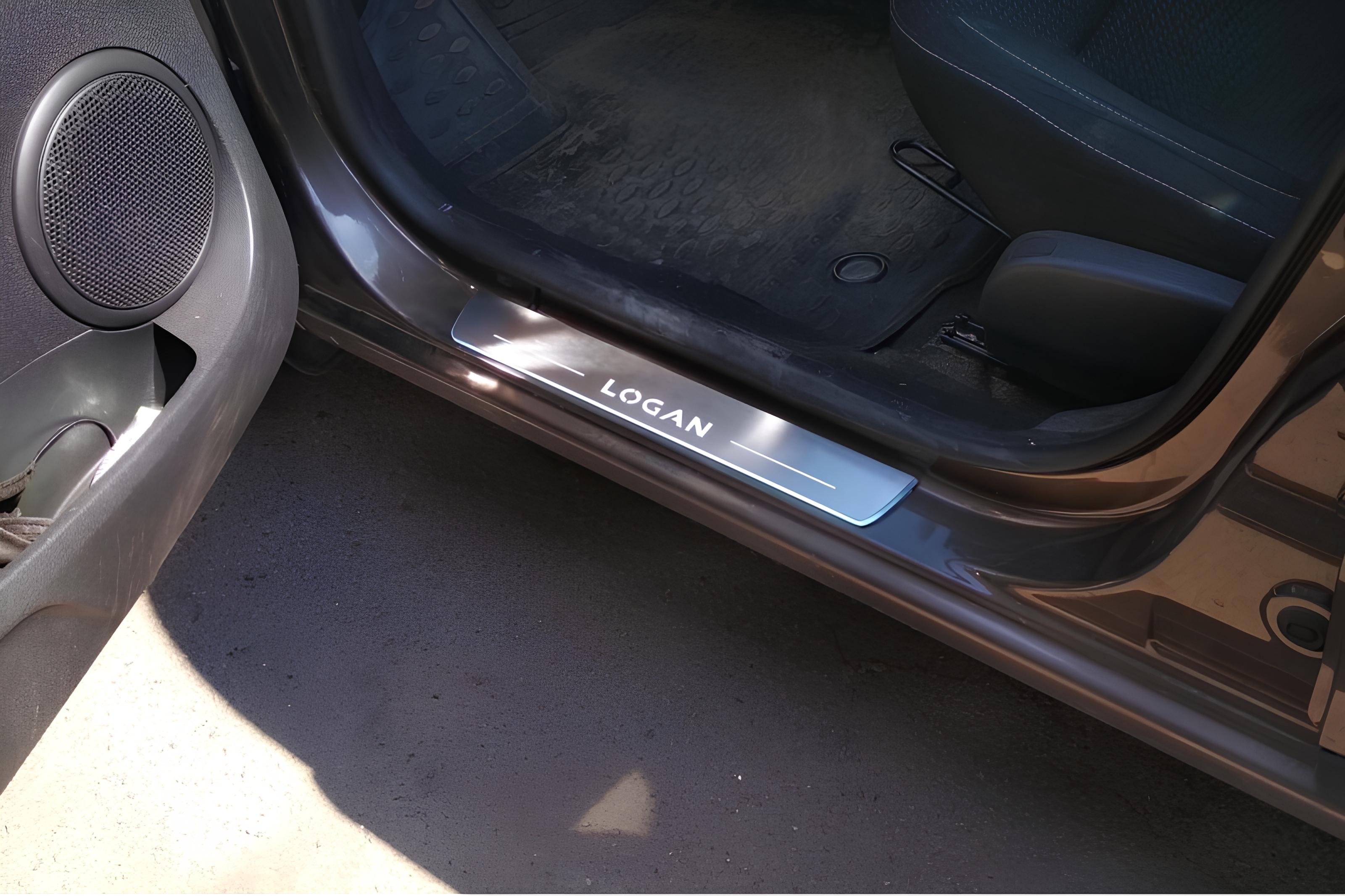 Illuminated LED Door Sill Tread Plates Renault Logan II 2013-2020 With Logan Logo Renault Led Door Sills opdesign