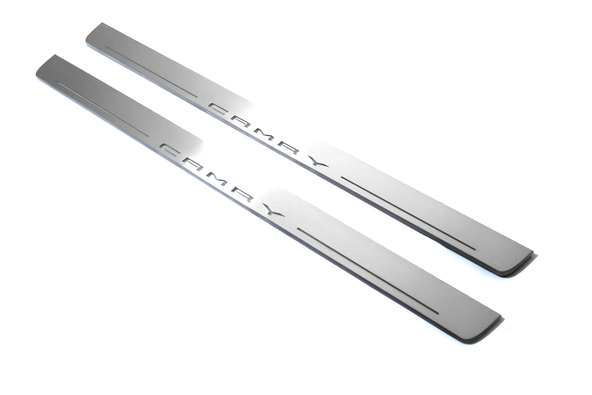 LED door sill plates Toyota Camry V70 2018+ in stainless steel with Camry logo