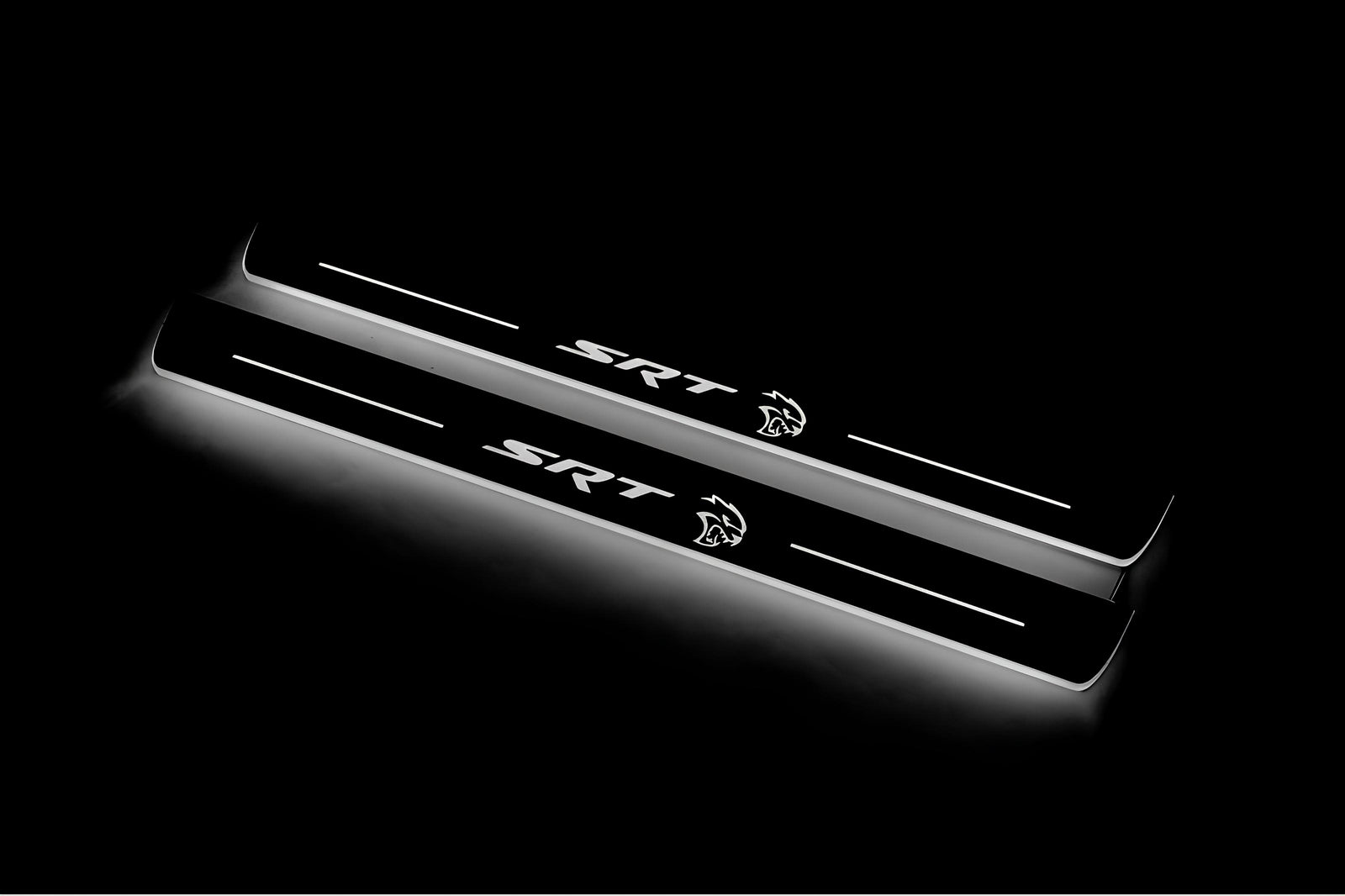 Dodge Charger LD 2023+ entry guards in stainless steel with SRT Hellcat logo