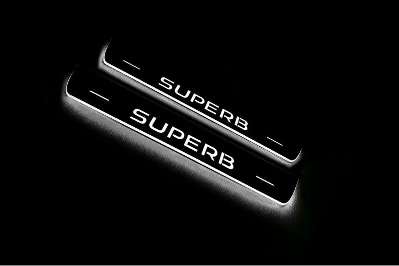 Skoda SuperB III 2015+ LED door sill plates stainless steel with SuperB logo