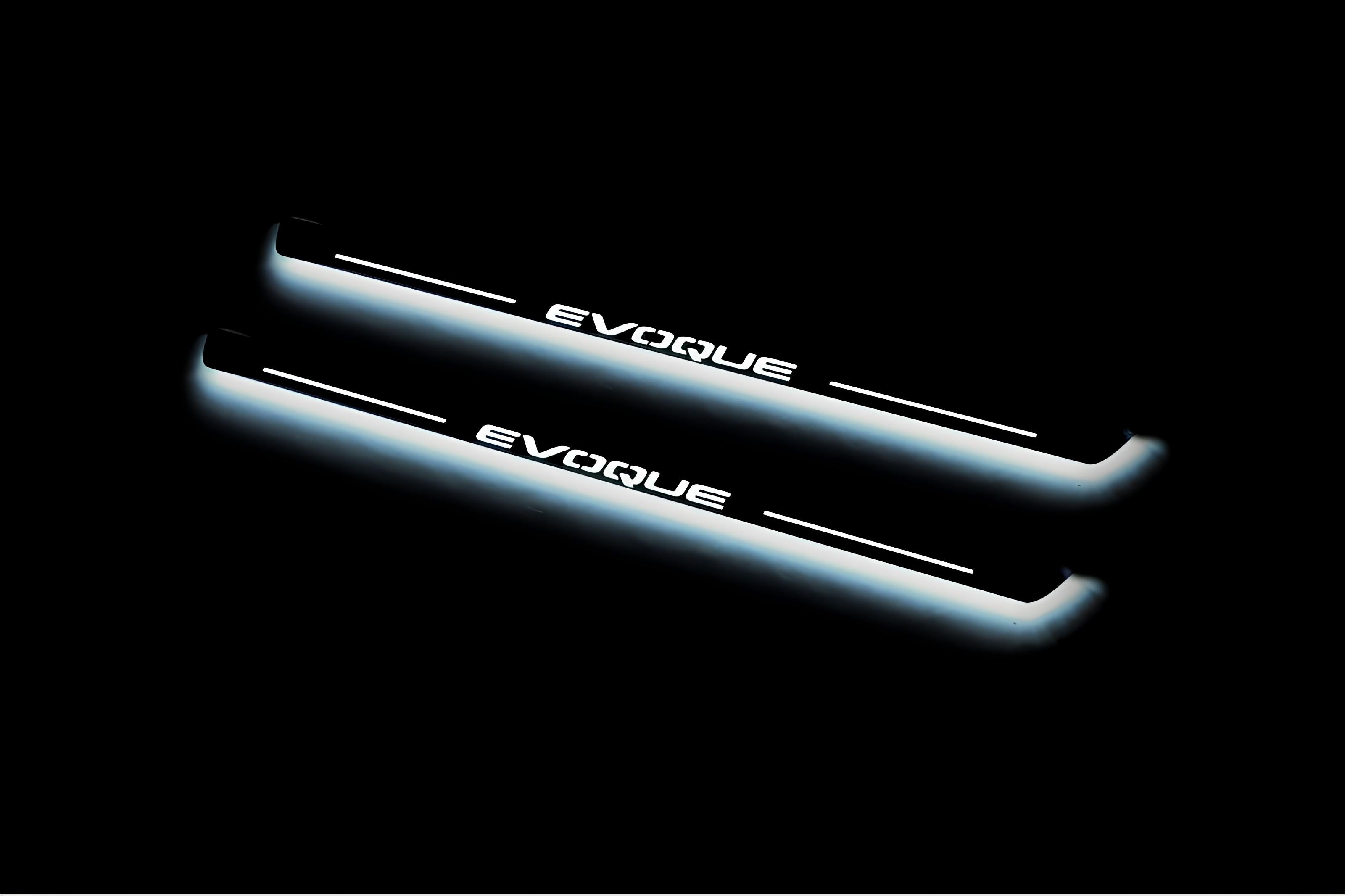 Illuminated LED Door Sill Tread Plates Range Rover Evoque I With Evoque Logo Range Rover Led Door Sills opdesign