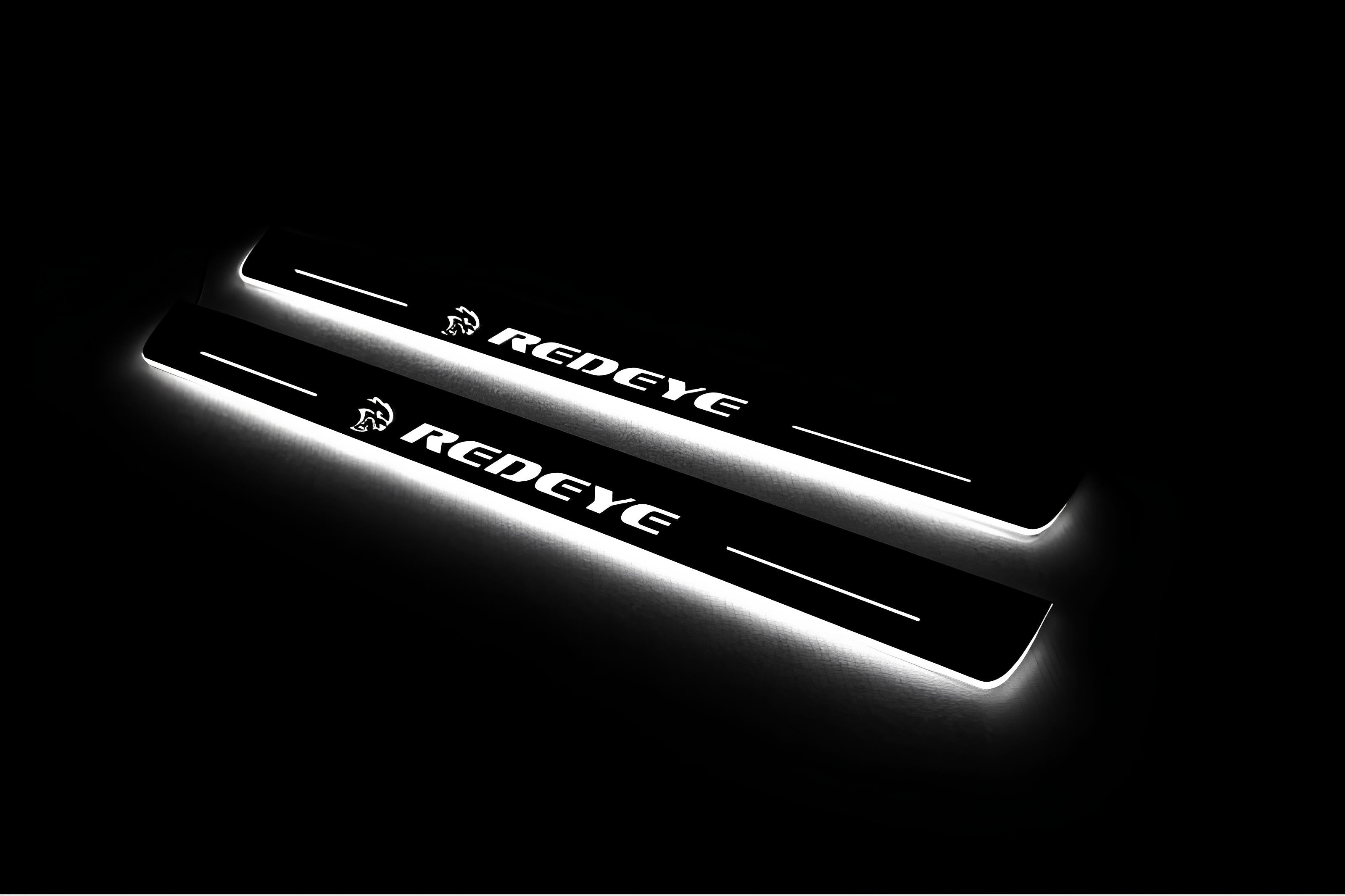 Illuminated LED Door Sill Tread Plates Dodge Charger 2023+ With Hellcat REDEYE Logo Dodge Led Door Sills opdesign