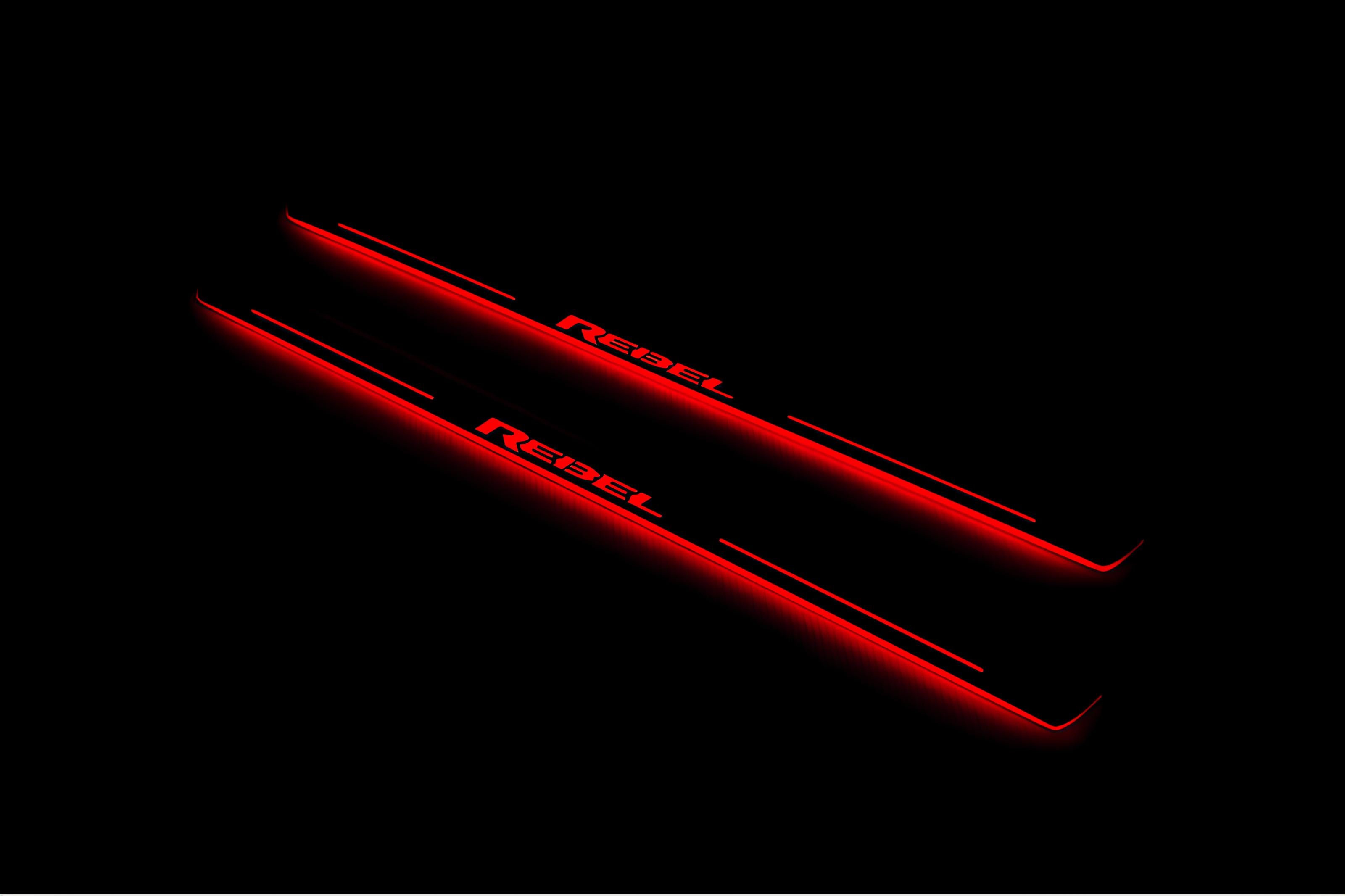 Illuminated LED Door Sill Tread Plates Dodge RAM 2500 V 2019+ With REBEL Logo Dodge Led Door Sills opdesign