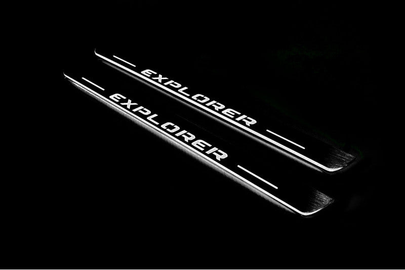Illuminated LED Door Sill Tread Plates Ford Explorer V 2011-2019 With Explorer Logo Ford Led Door Sills opdesign