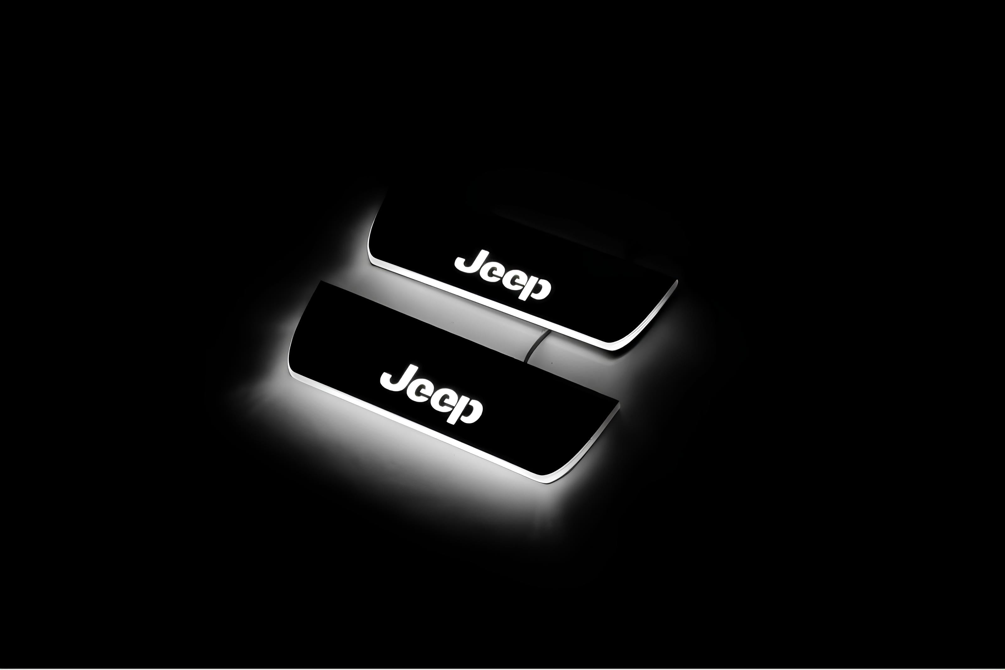 Illuminated LED Door Sill Tread Plates Jeep Grand Cherokee IV 2010-2021 With Jeep Logo Jeep Led Door Sills opdesign