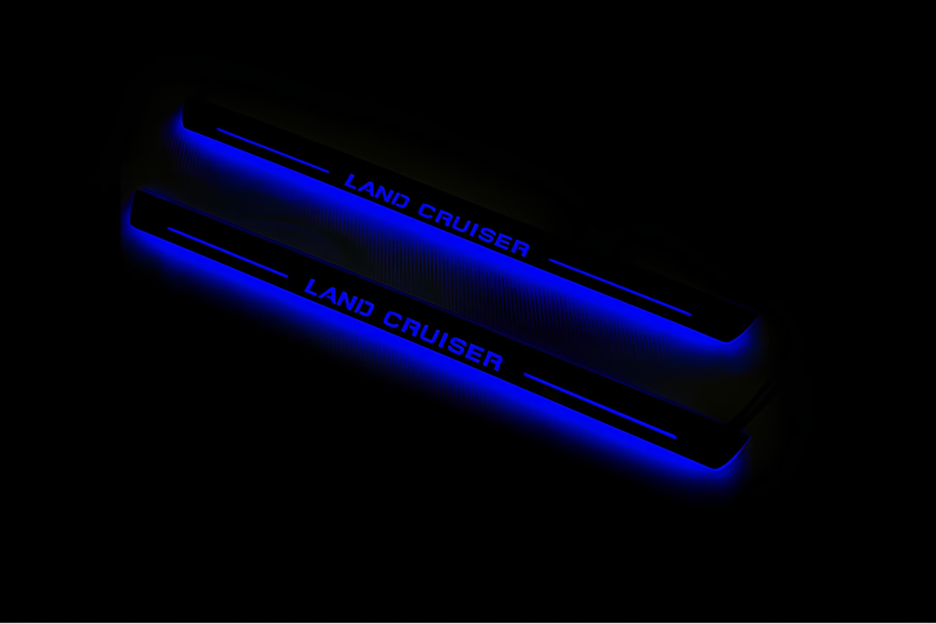 Illuminated LED Door Sill Tread Plates Toyota LC 200 2007-2021 With Land Cruiser Logo (type 1) Toyota Led Door Sills opdesign