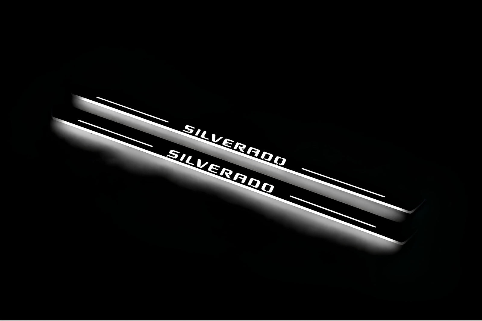 stainless steel LED door sill plates with Chevrolet Silverado III 2014+ with Silverado logo