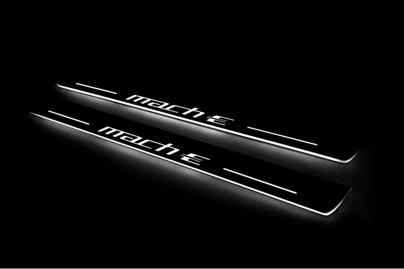 Ford Mach-E 2020+ LED door sill plates in stainless steel with Mach-E logo