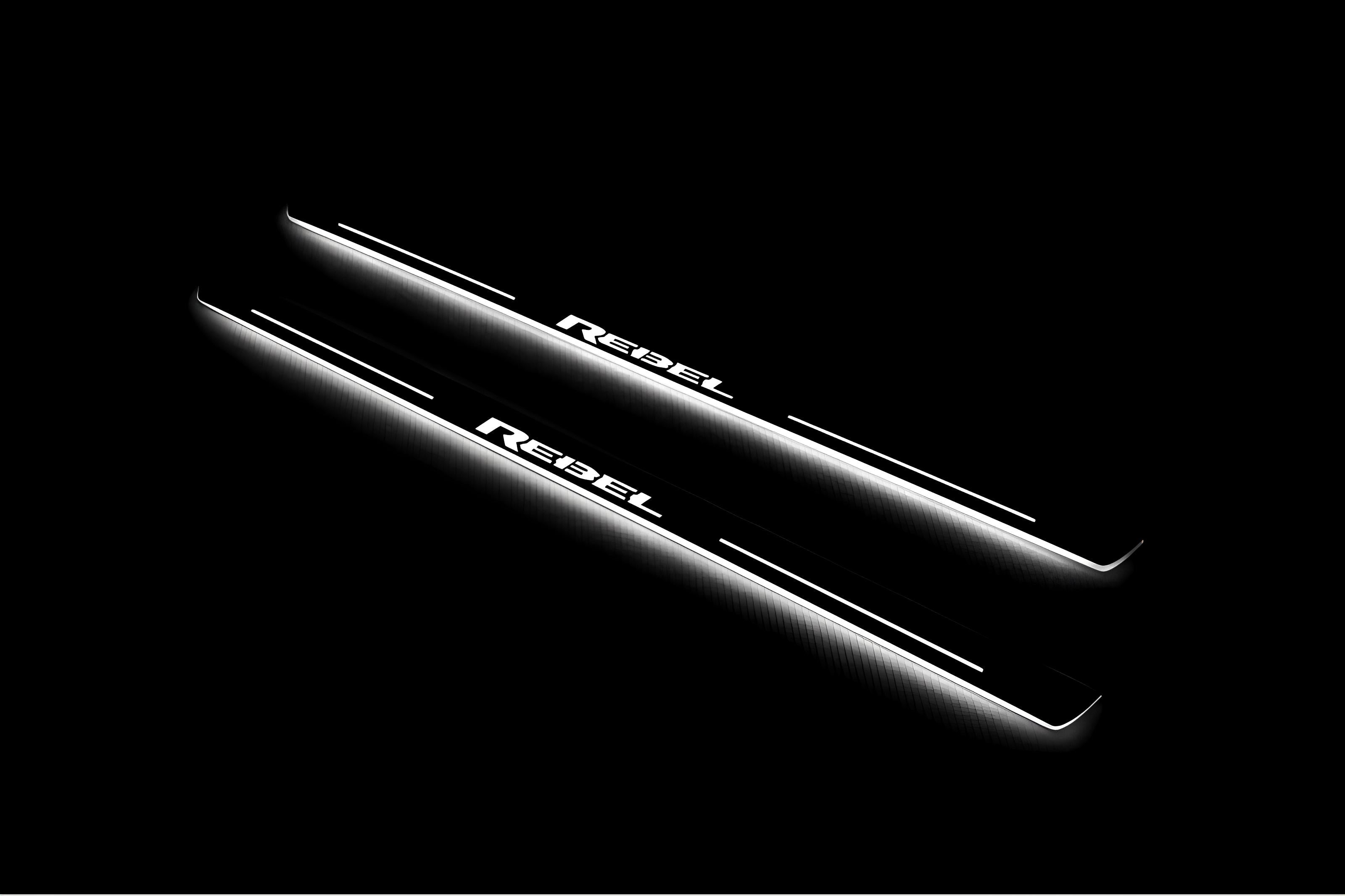 Illuminated LED Door Sill Tread Plates Dodge RAM 2500 V 2019+ With REBEL Logo Dodge Led Door Sills opdesign