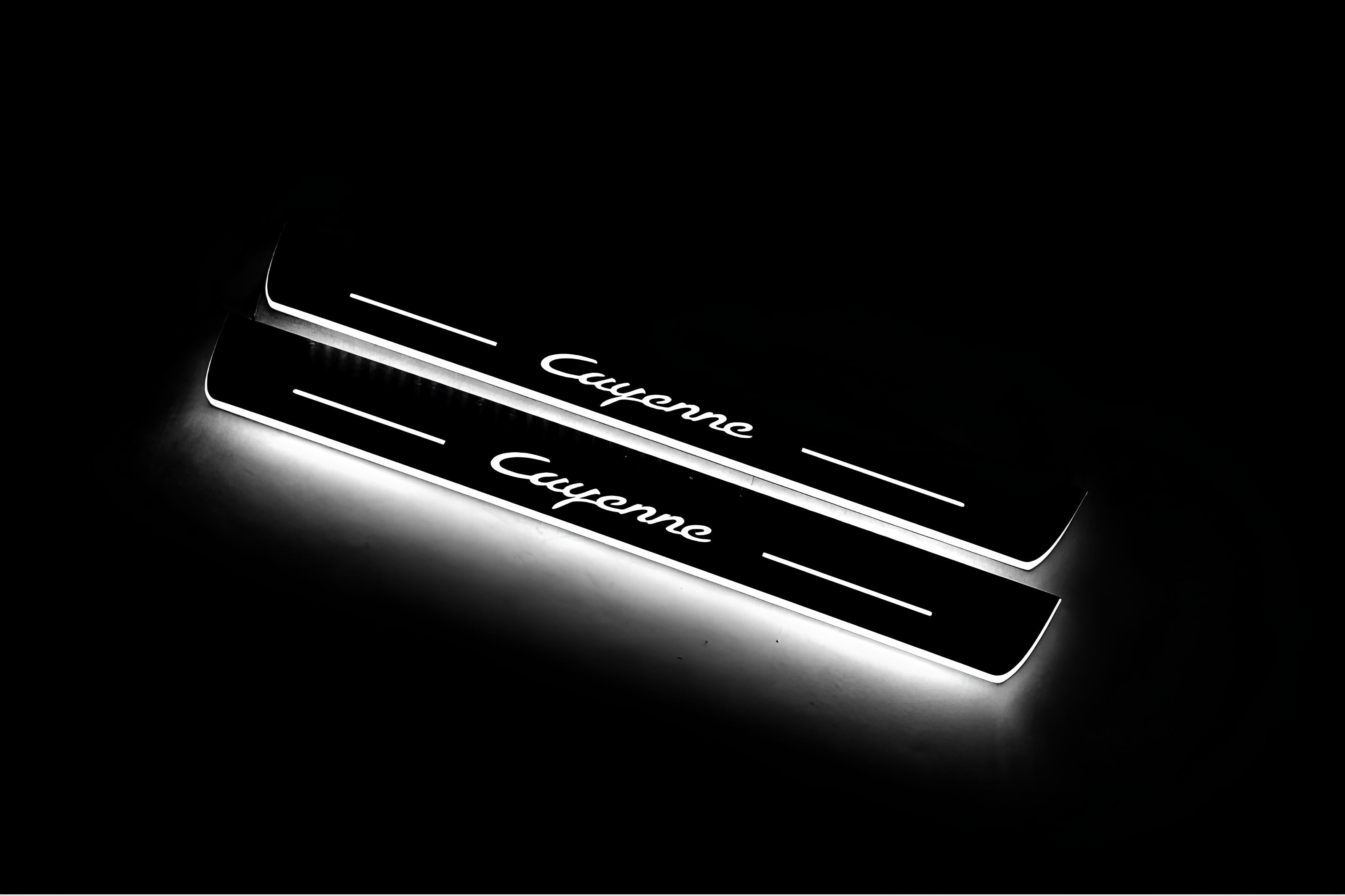 Illuminated LED Door Sill Tread Plates Porsche Cayenne II 2010-2017 With Cayenne Logo Porsche Led Door Sills opdesign