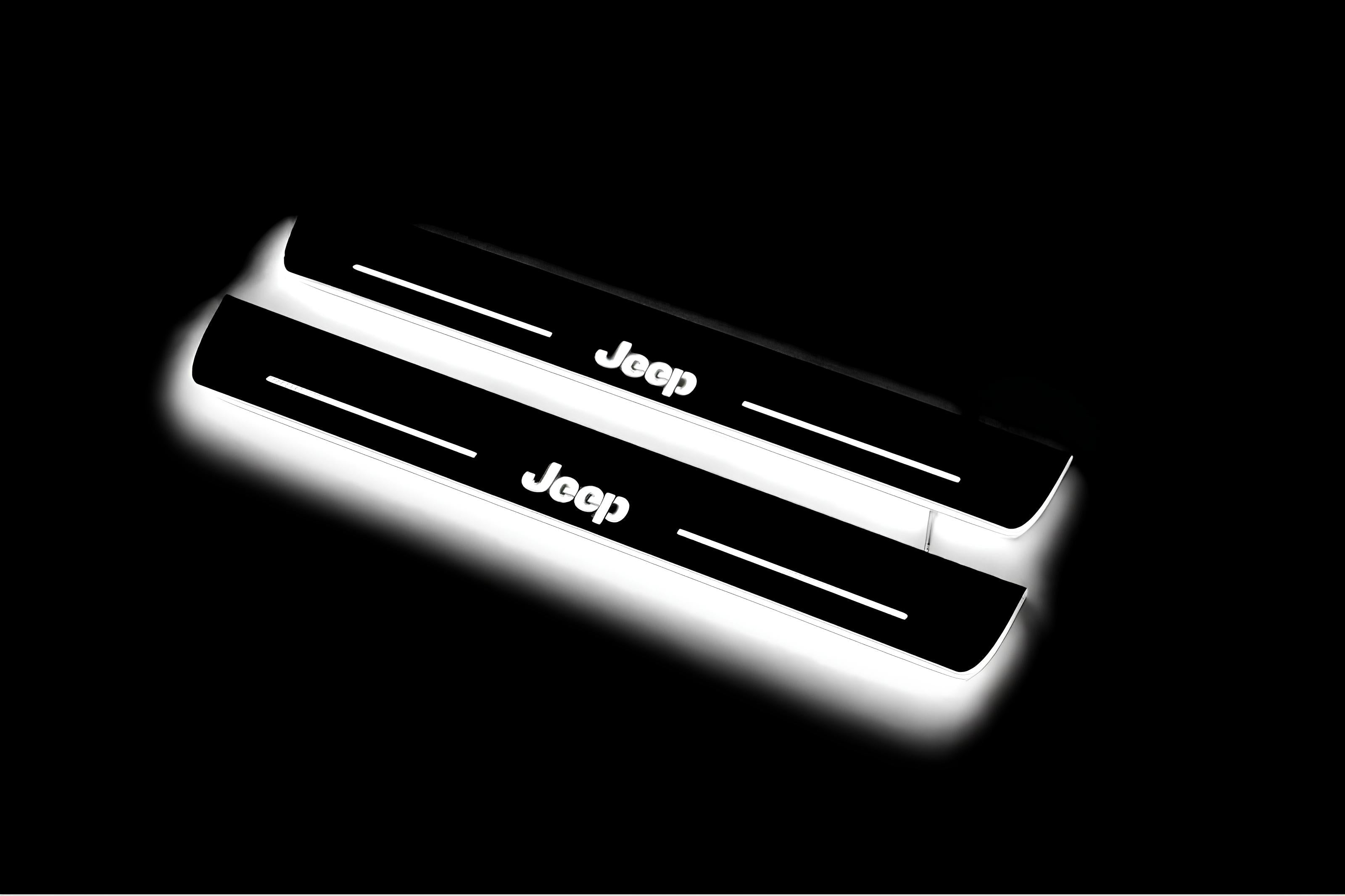 Illuminated LED Door Sill Tread Plates Jeep Grand Cherokee IV 2010-2021 With Jeep Logo Jeep Led Door Sills opdesign