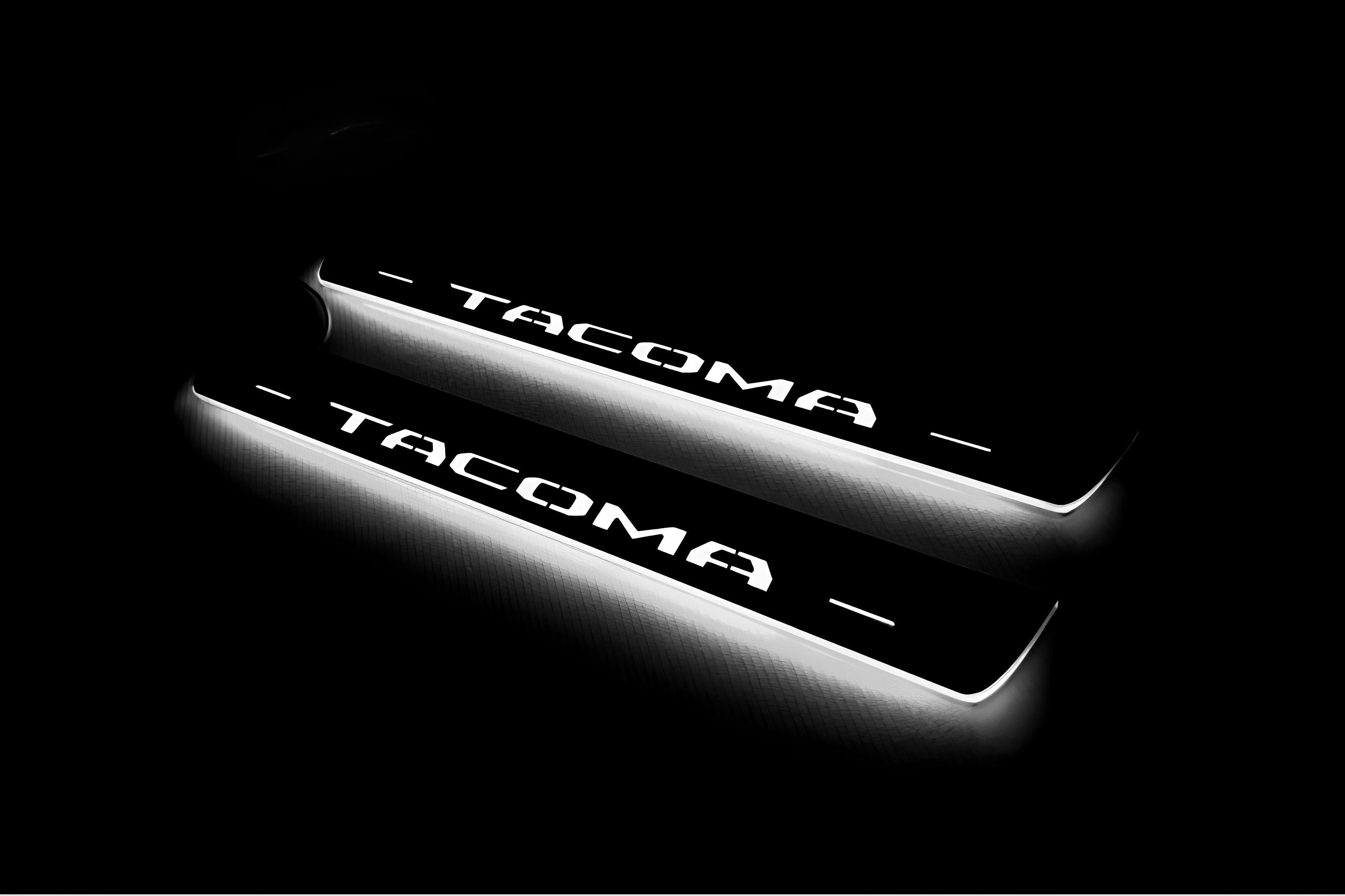 Illuminated LED Door Sill Tread Plates Toyota Tacoma III 2016+ With Tacoma Logo Toyota Led Door Sills opdesign
