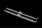 Two long door sill plates with H2 lettering and edges illuminated in white, angled view on a dark background.