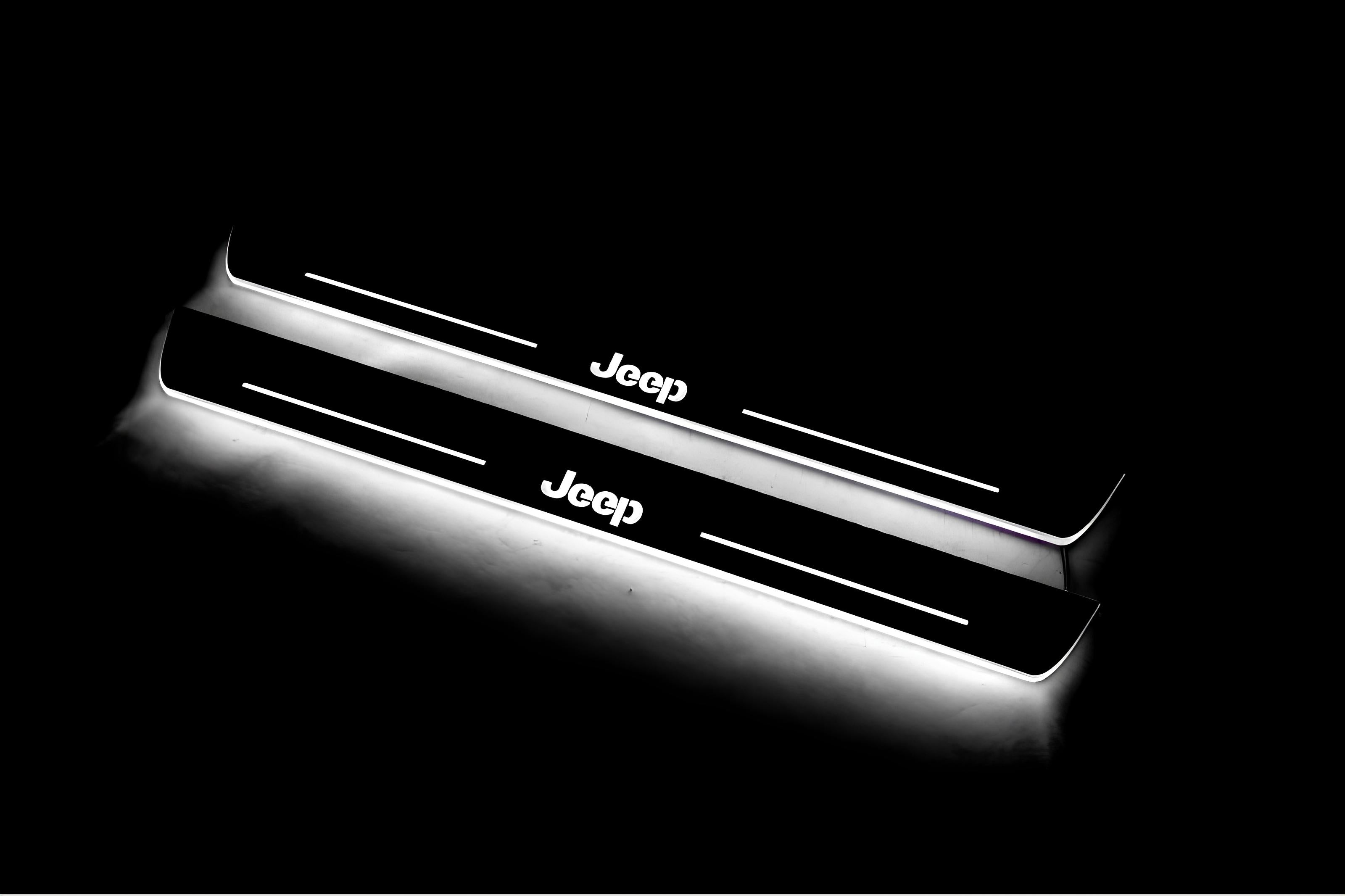 Illuminated LED Door Sill Tread Plates Jeep Cherokee KL 2014-2023 With Jeep Logo Jeep Led Door Sills opdesign