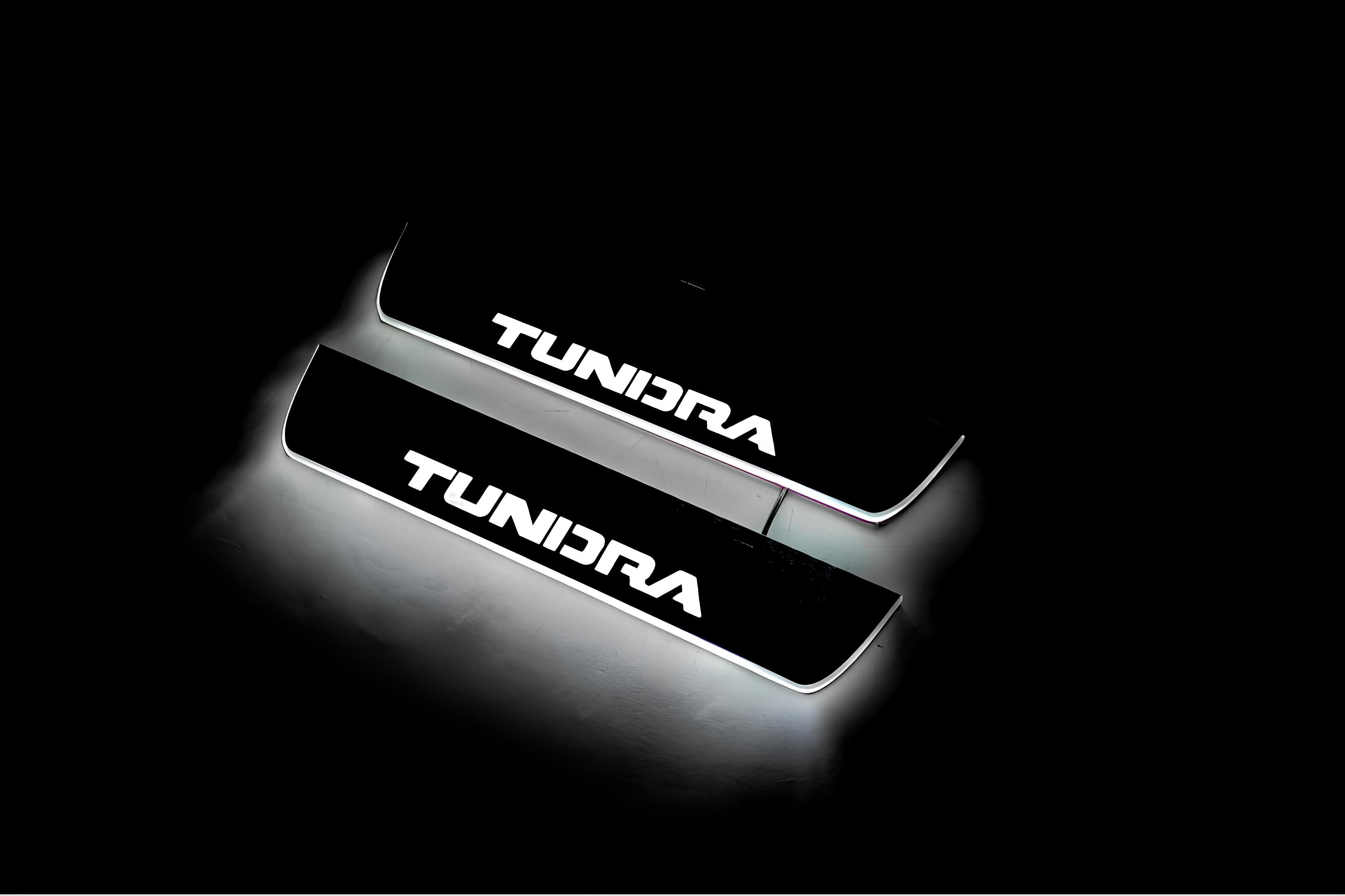 Illuminated LED Door Sill Tread Plates Toyota Tundra III 2014-2021 With Tundra Logo Toyota Led Door Sills opdesign
