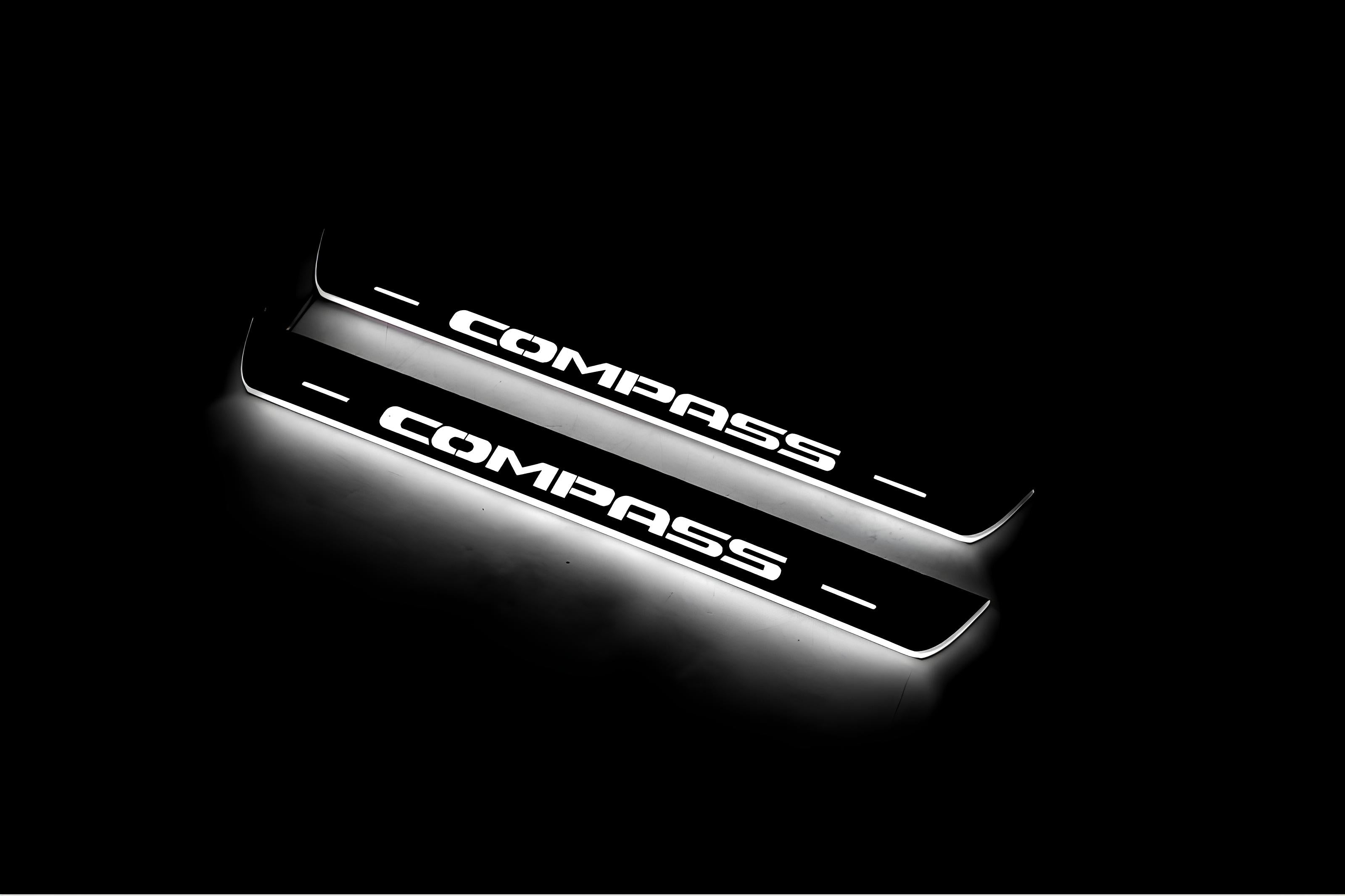 Illuminated LED Door Sill Tread Plates Jeep Compass II 2016+ With Compass Logo Jeep Led Door Sills opdesign