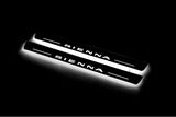 LED door sill plates Toyota Sienna III XL30 2011+ in stainless steel with Sienna logo