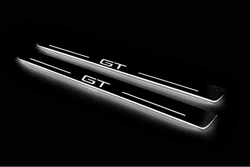 Ford Mach-E 2020+ illuminated entry guards in stainless steel with GT logo
