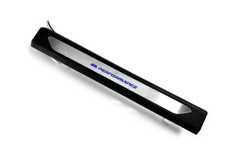 Black molded threshold trim with a silver insert bearing blue M Performance lettering and an attached wire, angled view.