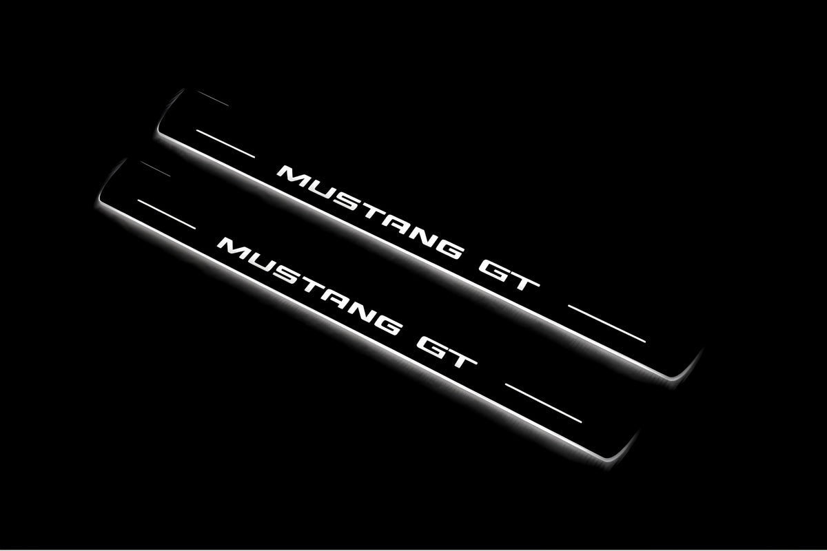 Ford Mustang V S197 2005+ stainless steel LED door sill plates with Mustang GT logo