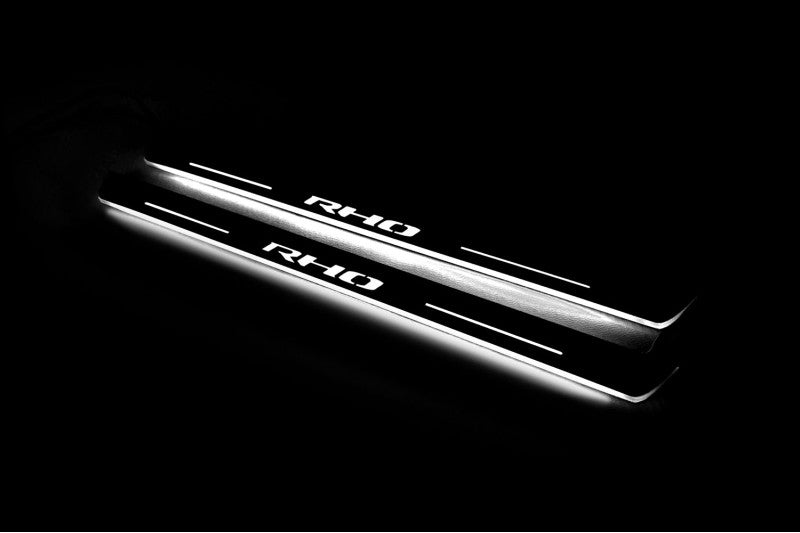 RAM 1500 V 2019+ door sill plates in stainless steel with RHO logo