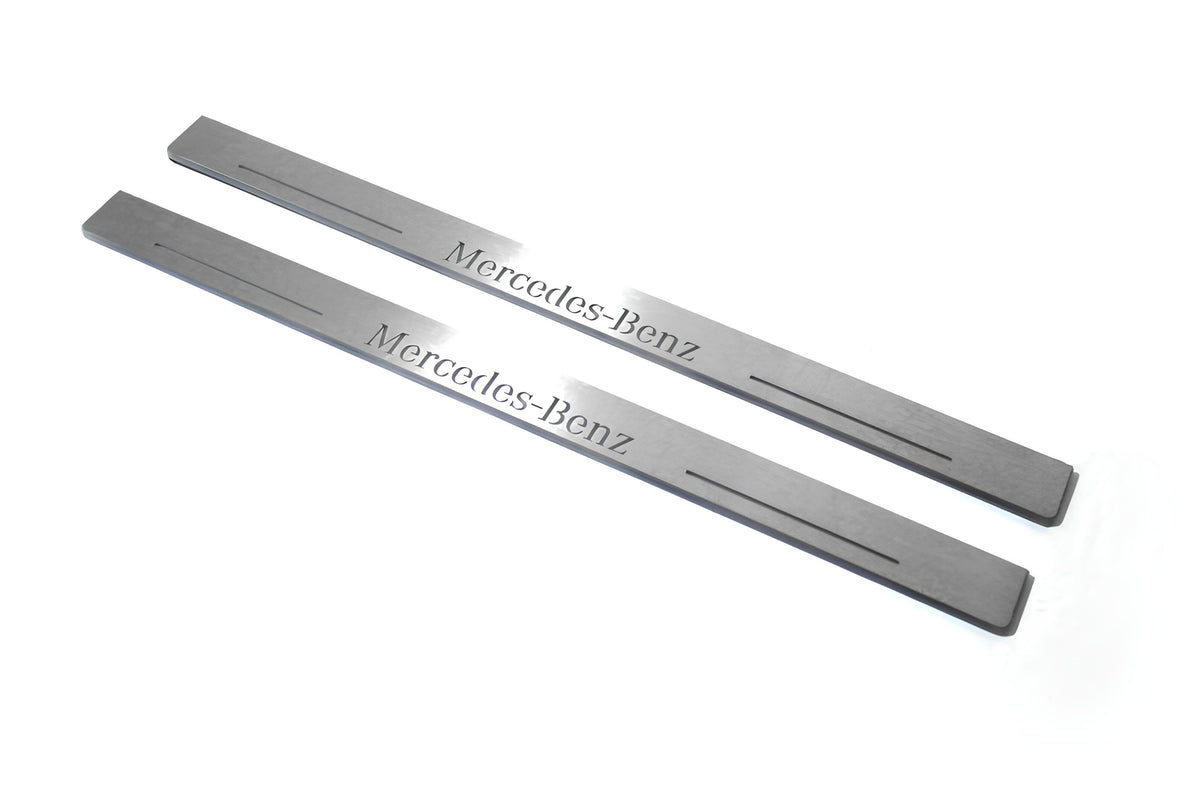 Mercedes E W210 1995+ LED door sill plates in stainless steel with Mercedes-Benz logo