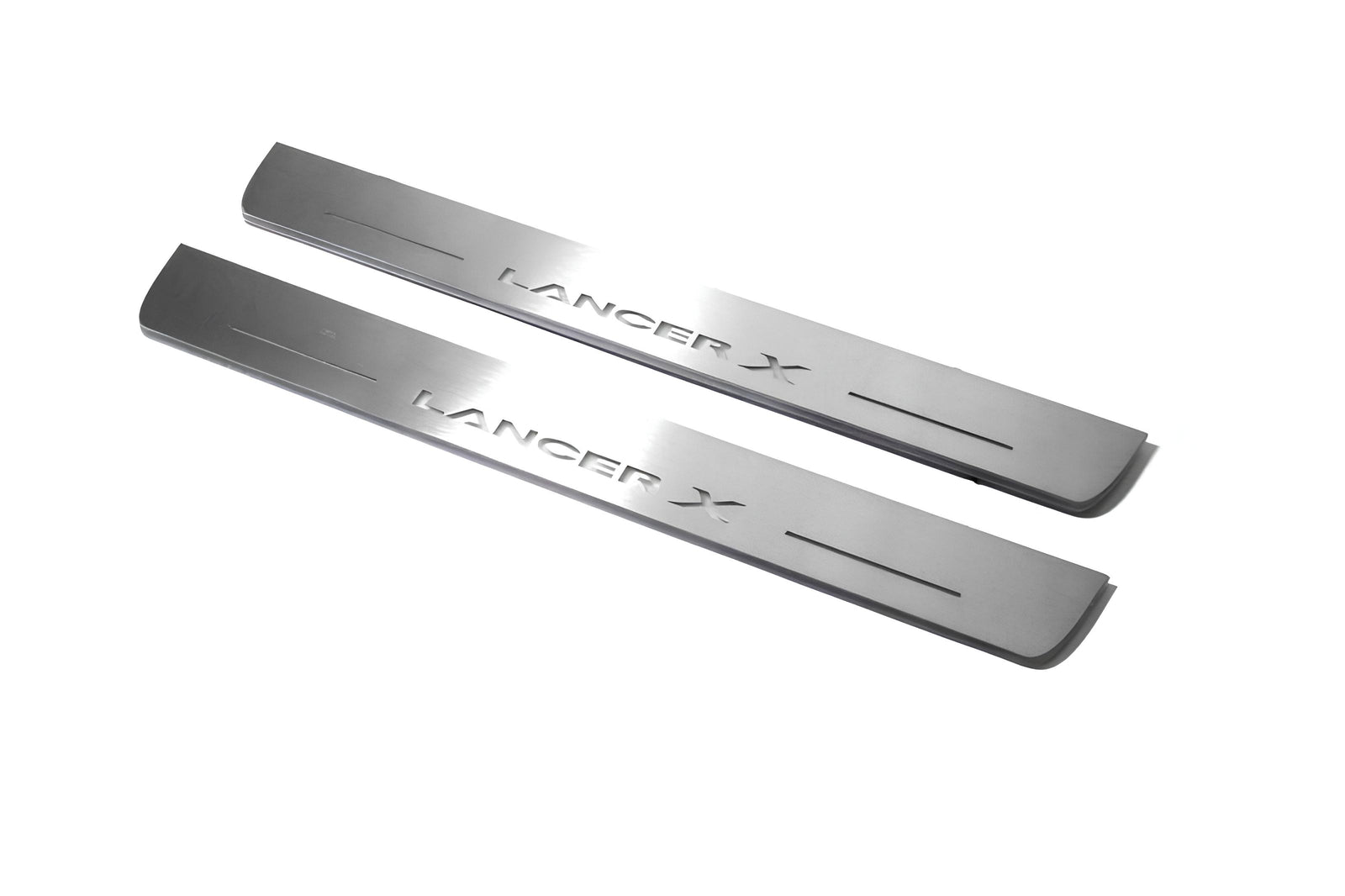 Mitsubishi Lancer X 2007+ illuminated entry guards in stainless steel with Lancer X logo