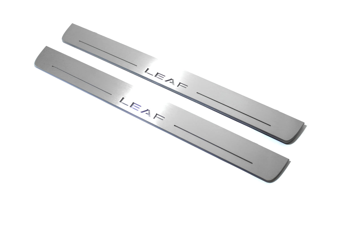 Nissan Leaf I 2010+ door sill plates in stainless steel with Leaf logo