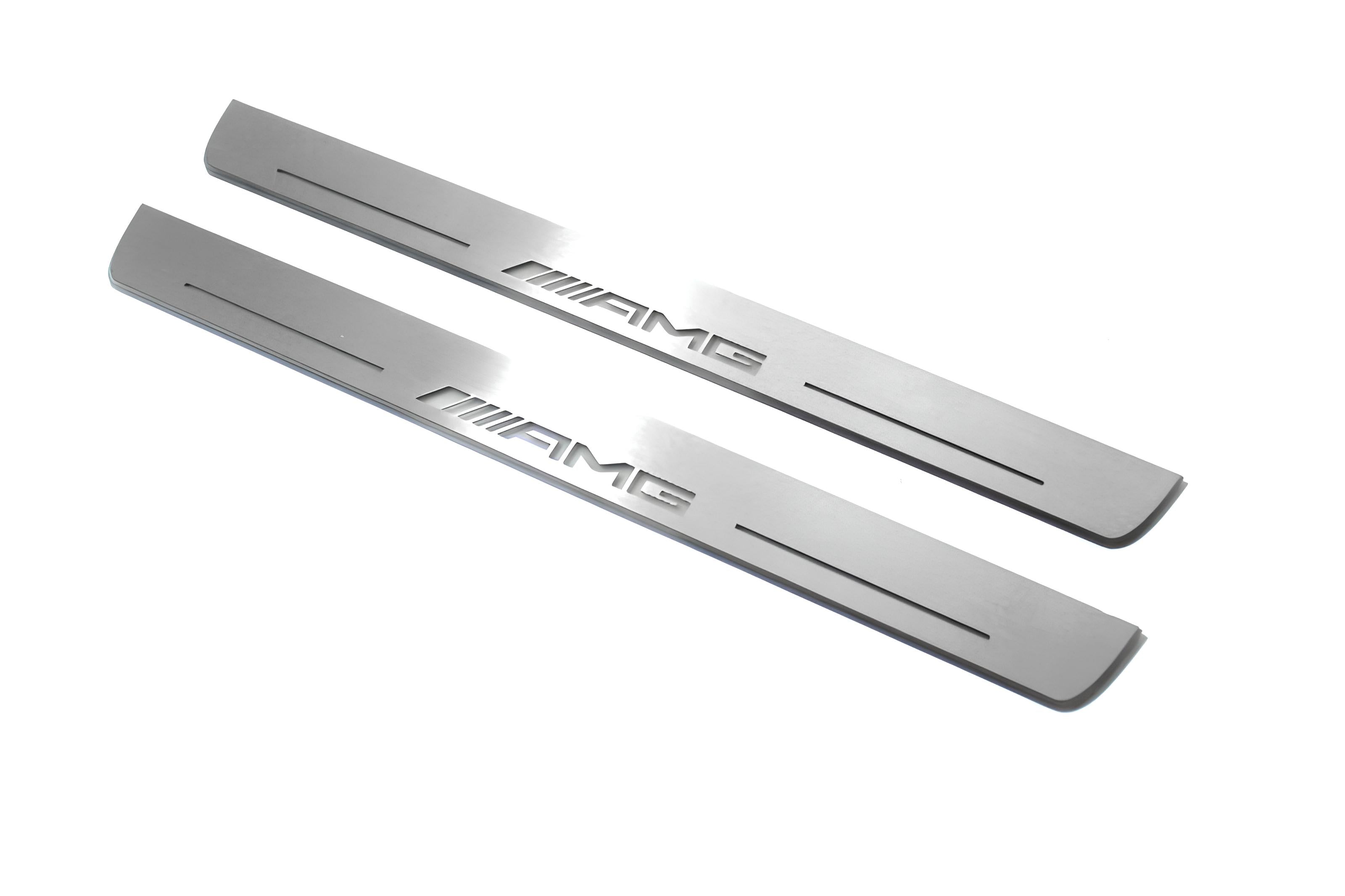 Illuminated LED Door Sill Tread Plates Mercedes E W211 2002-2009 With AMG Logo Mercedes Led Door Sills opdesign