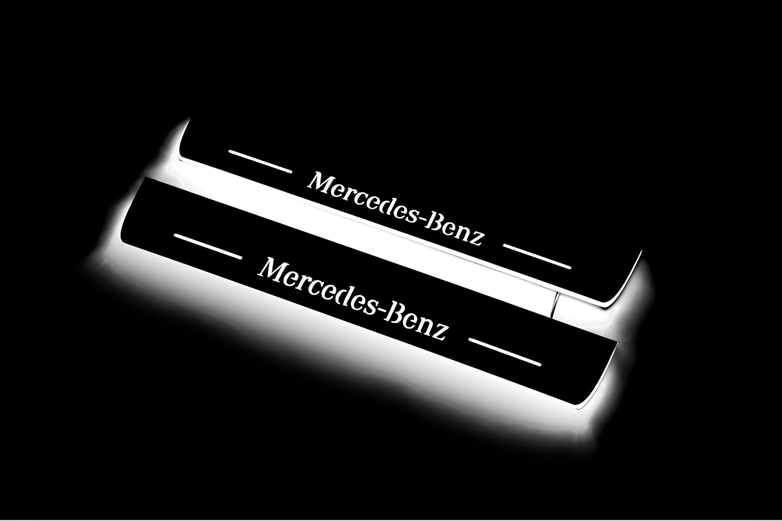 Mercedes E W213 2016+ stainless steel LED door sill plates with Mercedes-Benz logo