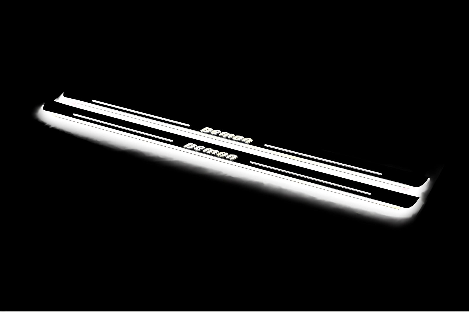Dodge Challenger 2008+ LED door sill plates in stainless steel with DEMON logo
