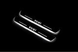 Two long door sill plates with Yeti lettering and edges illuminated in white, angled view on a dark background.